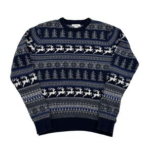 Aspen Fair Isle Holiday Sweater Mens L Navy Blue Reindeer Christmas Cotton Knit